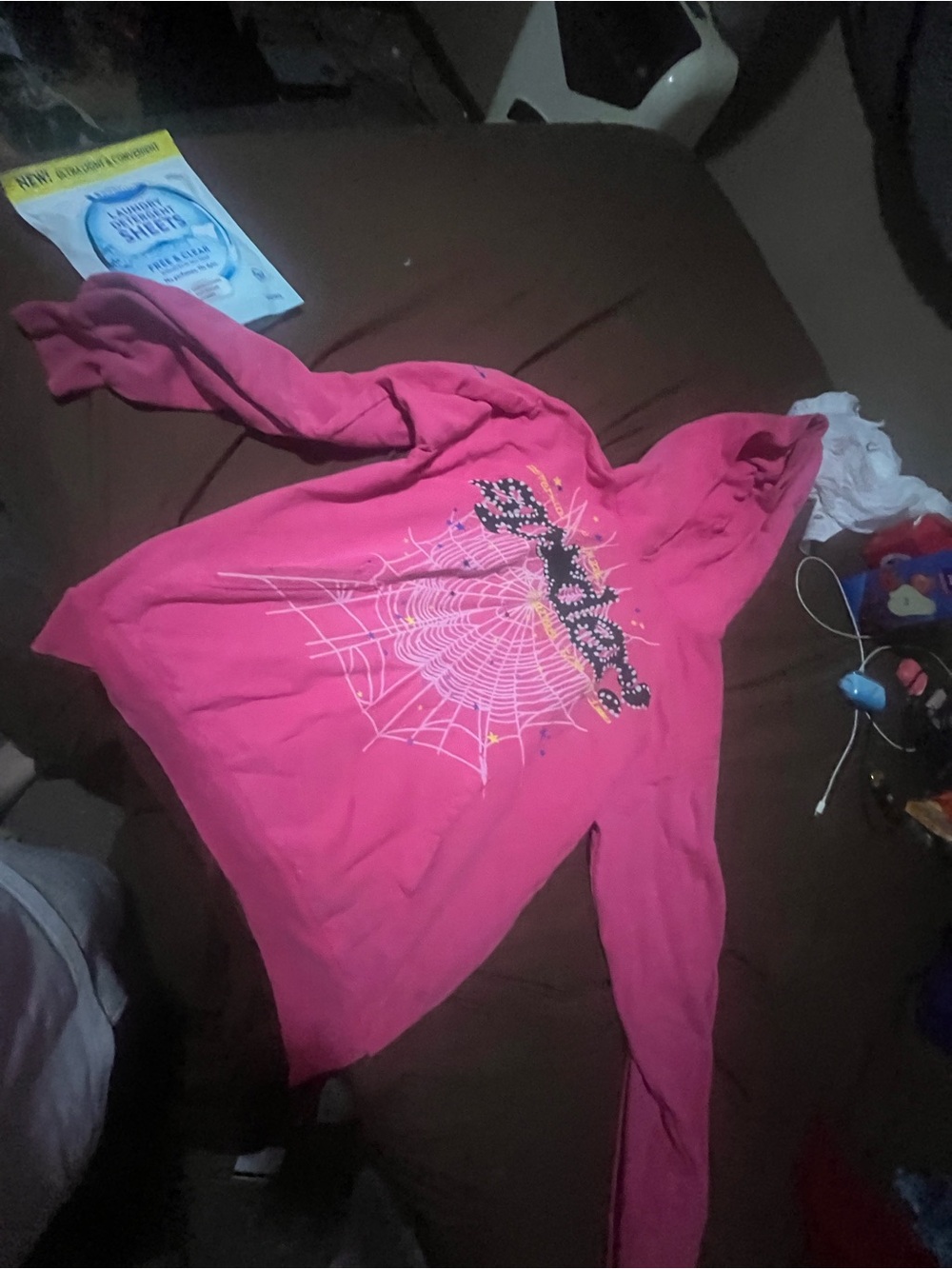 Bright Pink Hooded Sweatshirt with Spider Web Graphic
